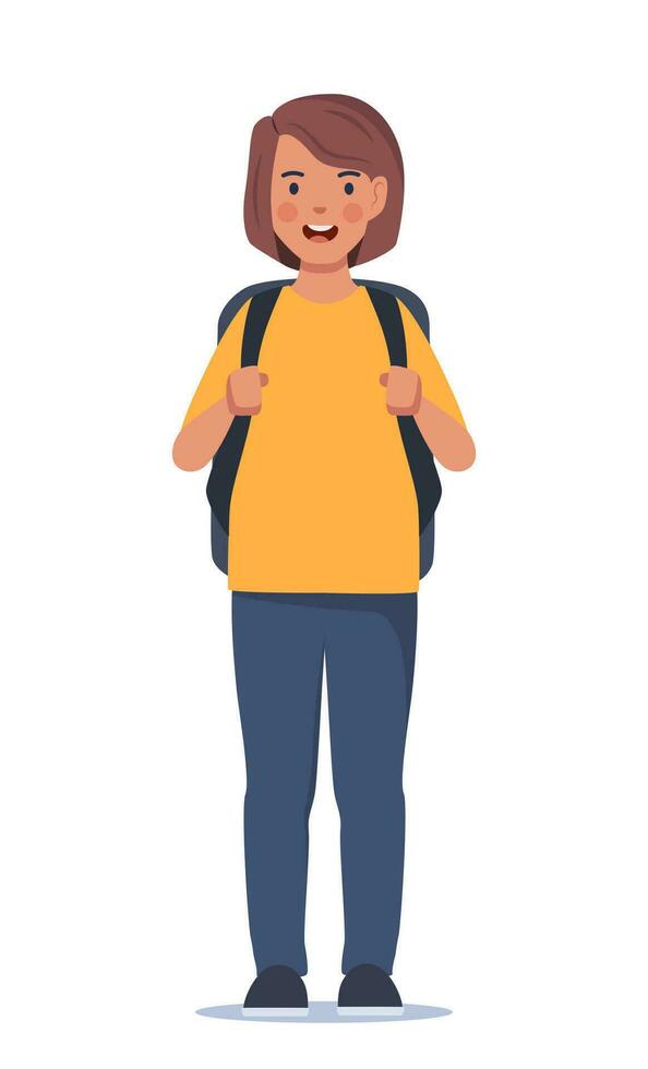 Portrait of happy school girl with backpack. Girl kid. Back to school. Vector illustration.