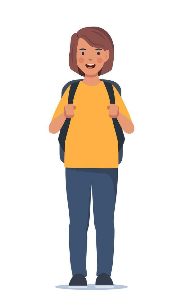 Portrait of happy school girl with backpack. Girl kid. Back to school. Vector illustration.