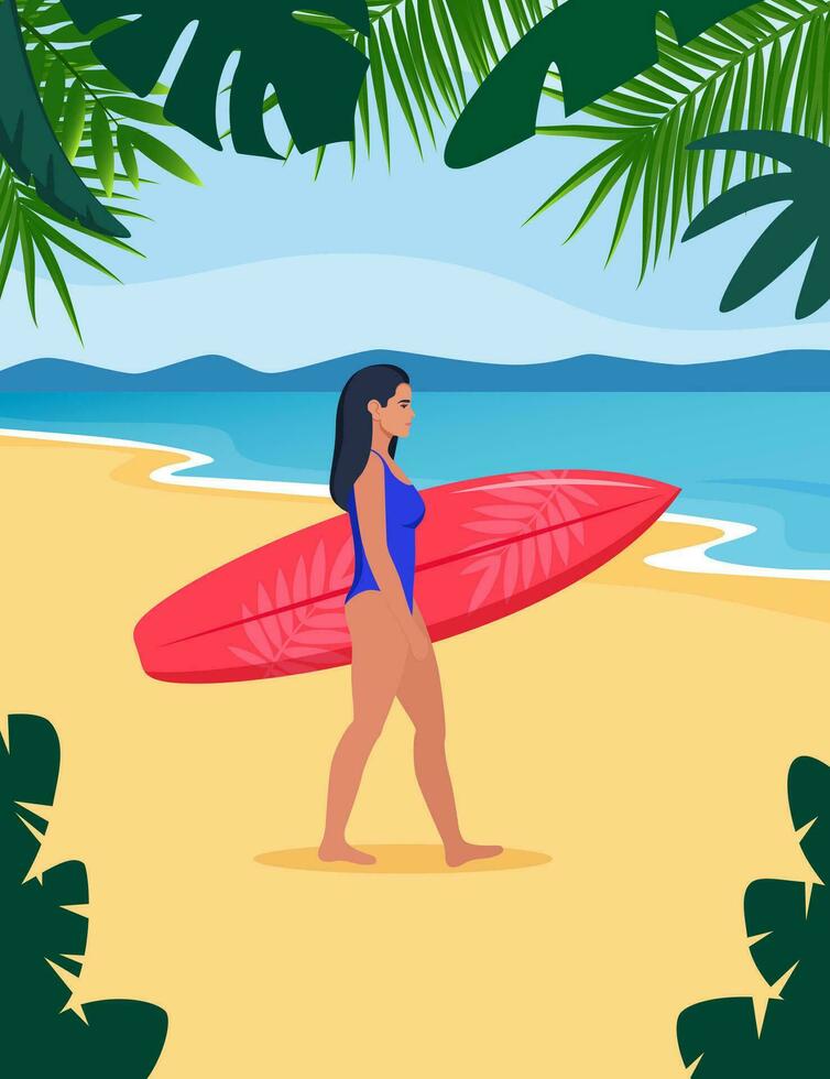 joven morena camina con un tabla de surf hacia el mar. vector ilustración.