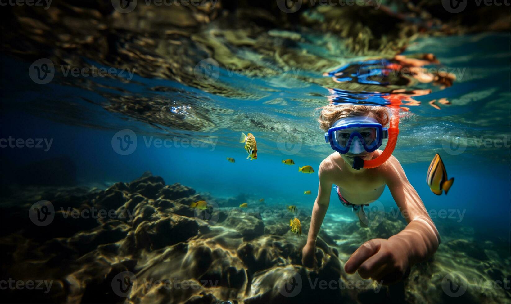 Boy snorkeling in a transparent ocean watching colorful fish. AI Generated photo