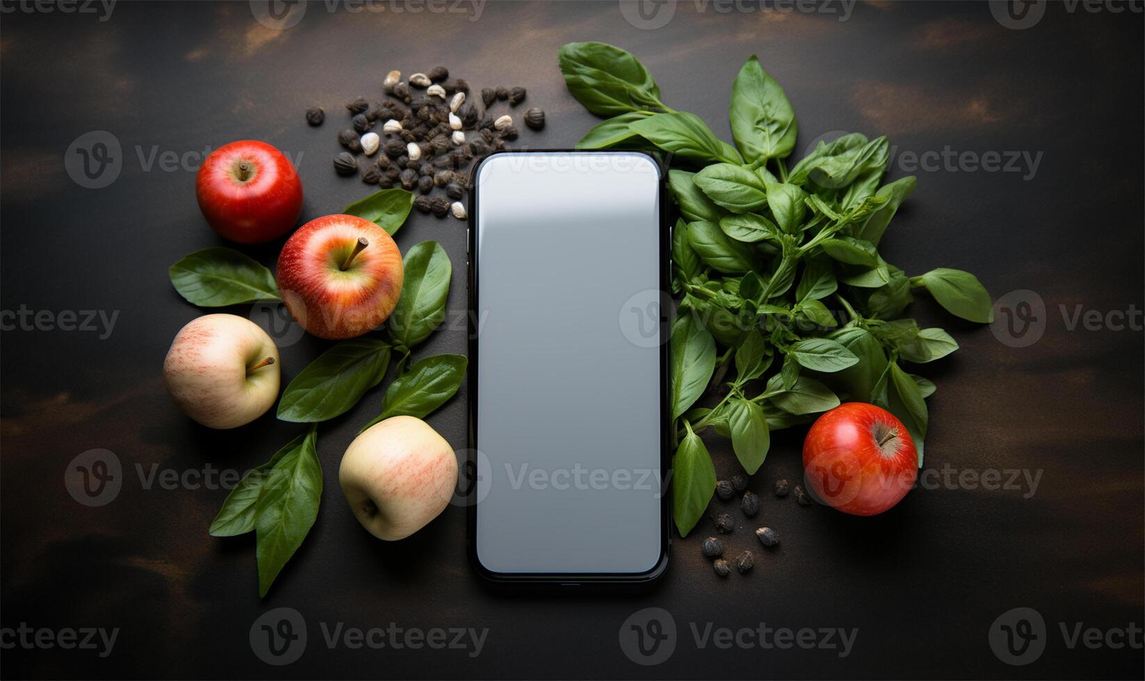 Mobile phone mock up for searching and shopping online grocery, app for recipe, nutrition and diet. Blank smartphone. AI Generated photo