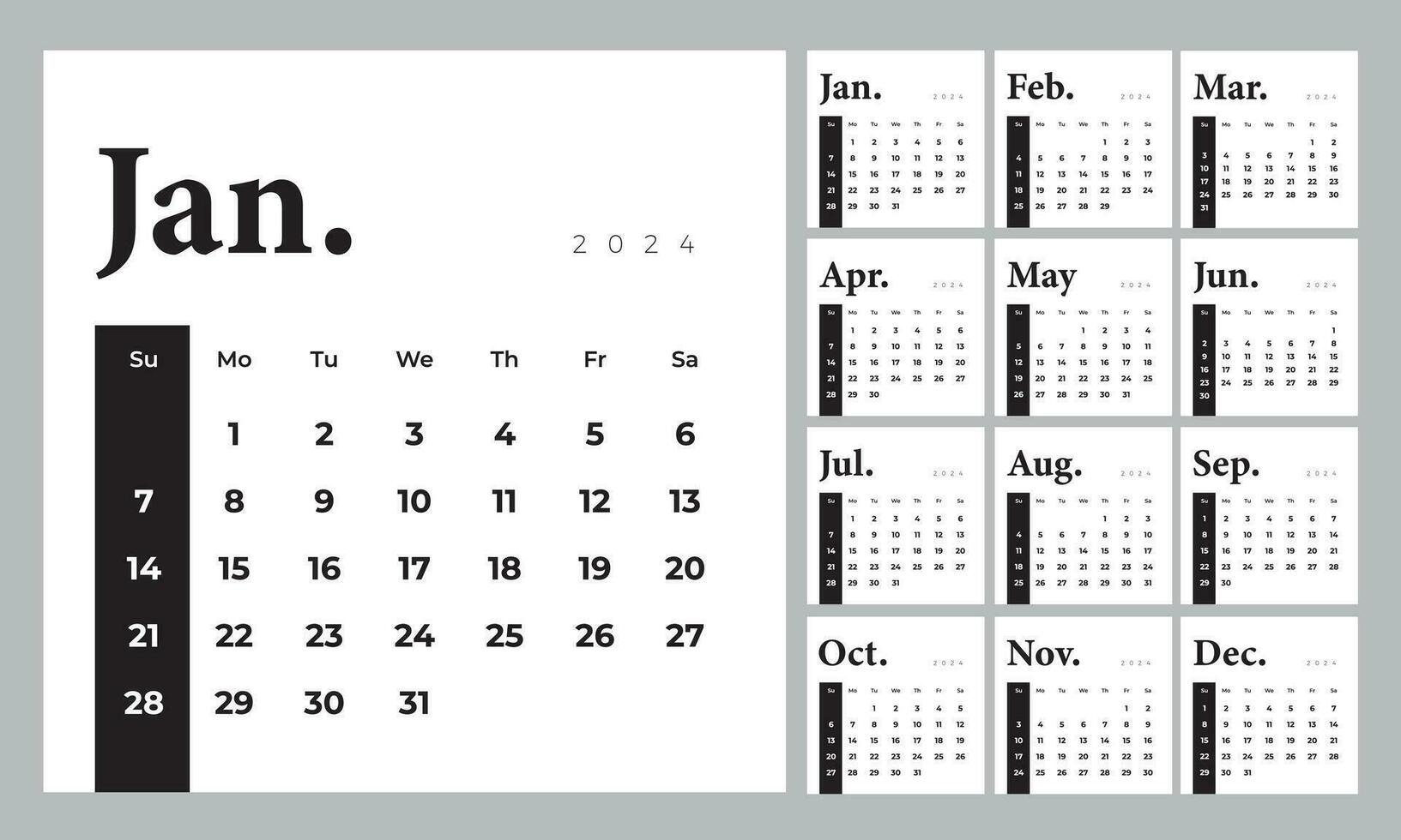 Elegant monthly calendar template for 2024 year. English calendar. Week starts on Sunday. Black and white set of 12 months. Simple design with big letters, typographic elements. Square composition vector