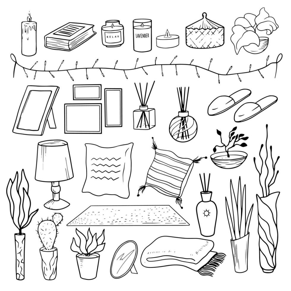 Set of cozy home decor elements. Scandinavian hygge style. Pillow, rug, reed diffuser, candle, indoor plants, plaid, slippers, picture frame, lamp, book. Black and white linear collection of doodle vector