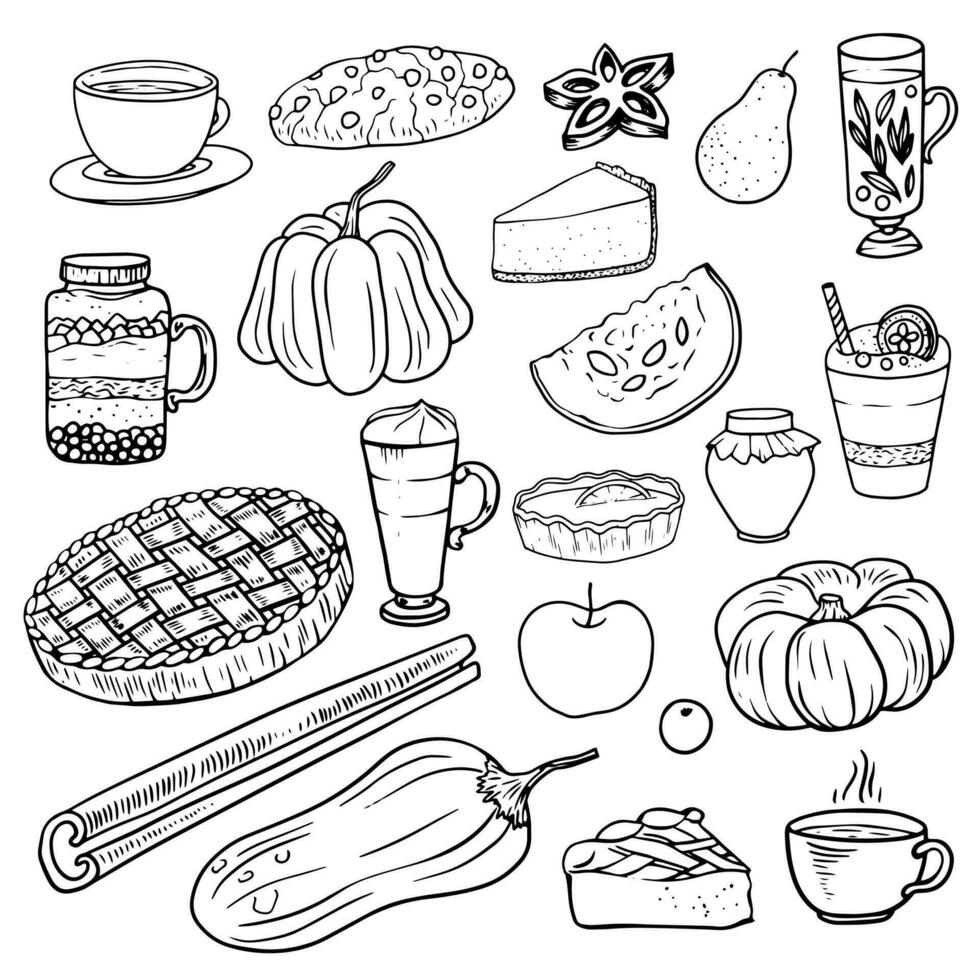 Set of autumn food and drink. Pumpkin, pie, cheesecake, cookie, lemon tart, cup of tea, coffee latte , spices, cinnamon, anise, jam, pear and apple. Black and white linear collection of desserts vector