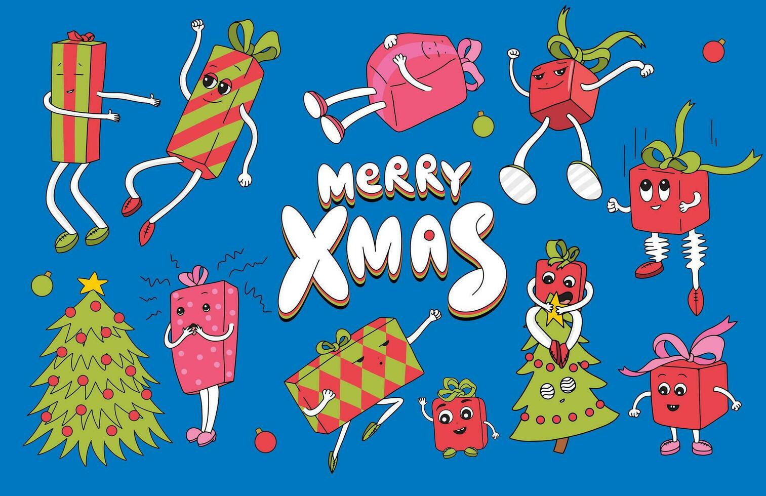 90s style Merry Christmas set with different gift boxes characters. Funny Xmas presents. Dancing and jumping Christmas boxes with faces, arms and legs. Cartoon flat design vector