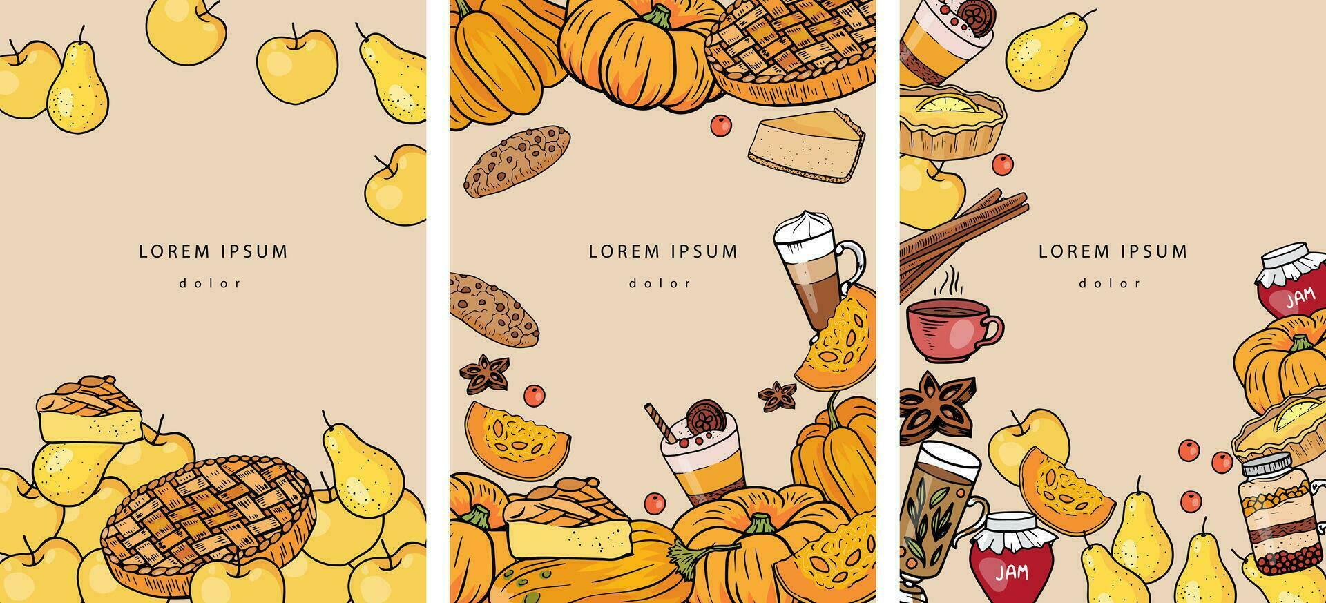 Set of template with autumn food. Poster, menu with pumpkin, apple pie, jam, tee, cup of coffee, spices, latte, dessert, lemon tart, pear, cookies, cinnamon, cheesecake, anise on beige background vector