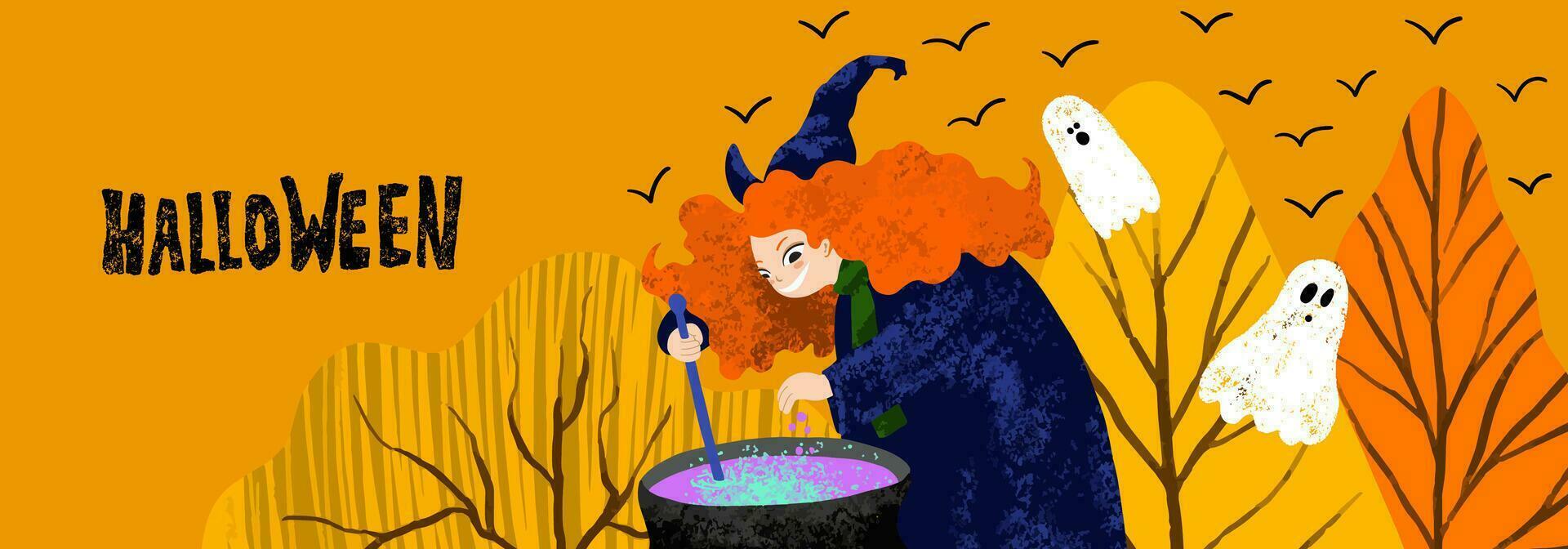 Banner for Halloween with witch cooking the potion in the cauldron, forest, ghosts on orange background. Hand drawn illustration vector