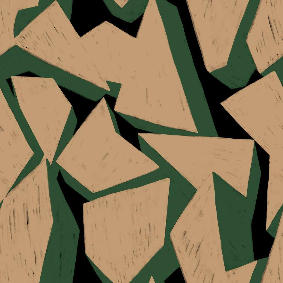 Geometric abstract seamless pattern with cubes, volumetric shapes. Hand drawn chalk pattern in green, beige and black colors vector