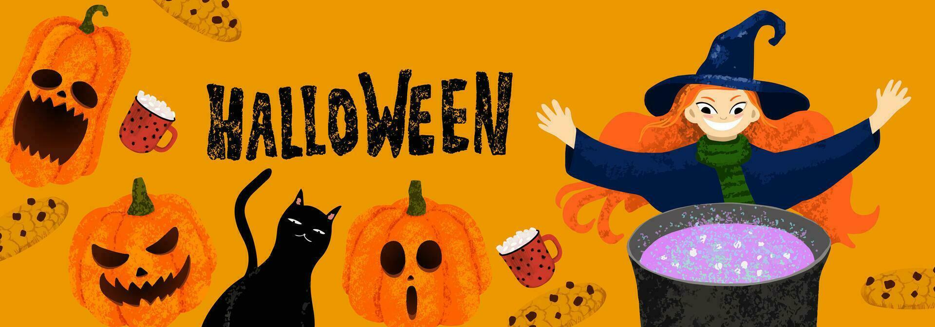 Banner for Halloween with witch cooking the potion in the cauldron. Carved pumpkin, mug of hot chocolate, cookies, black cat on orange background. Hand drawn illustration vector