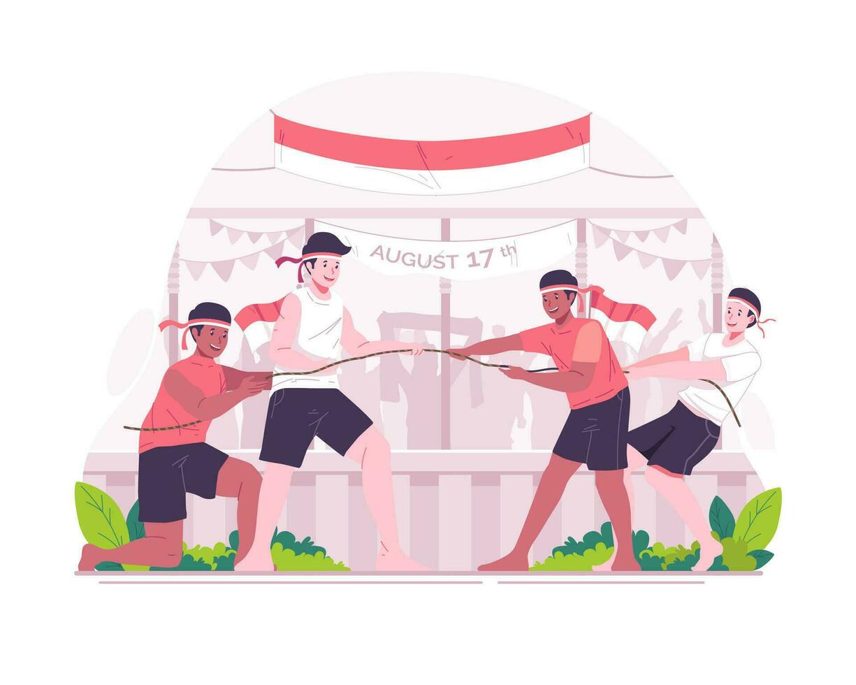 People celebrate Indonesian Independence Day. a traditional game Tug of War or Tarik Tambang game competition. Indonesia Independence Day concept illustration vector