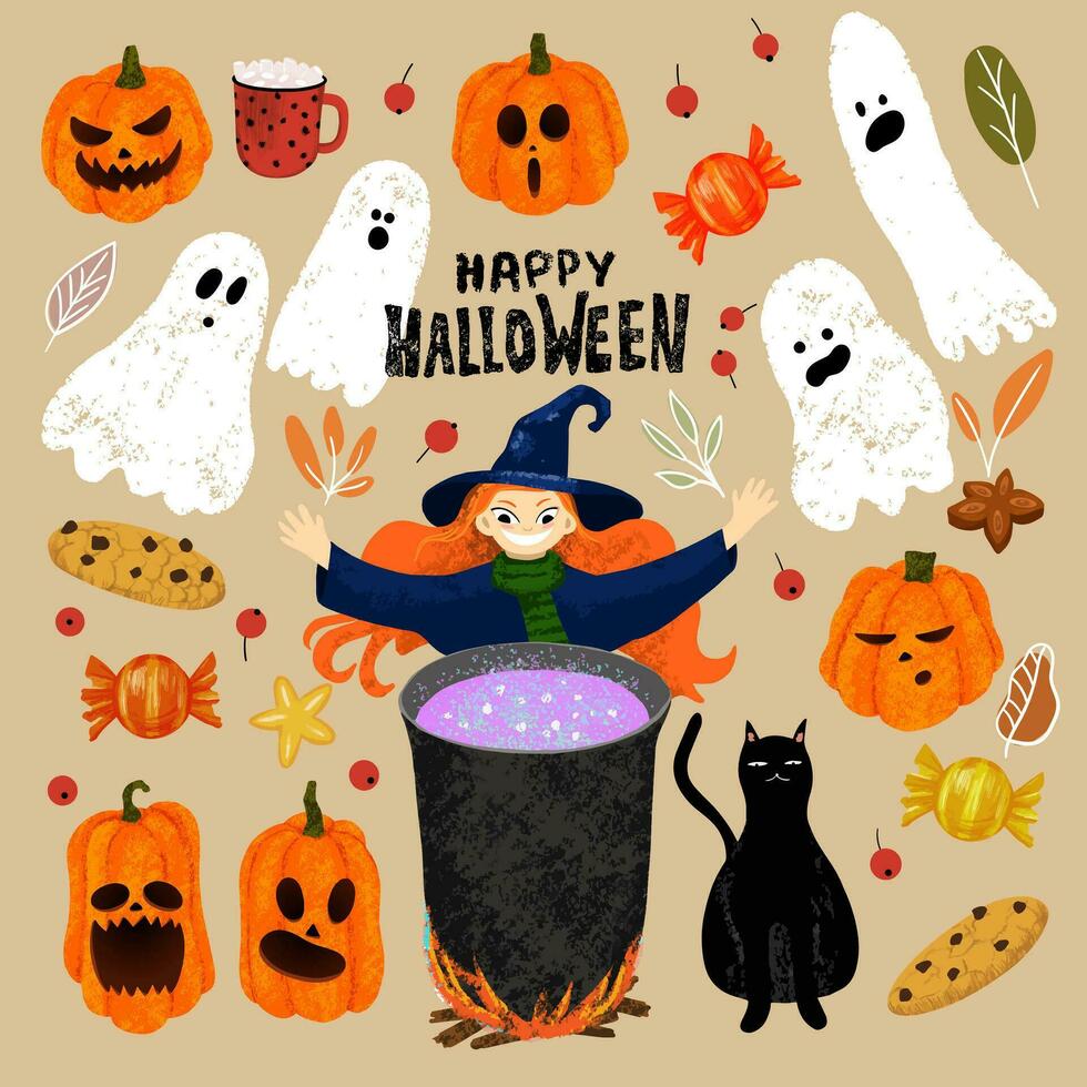 Set of Halloween objects. Happy Halloween lettering, witch cooking the potion in the cauldron, pumpkin, ghost, cookie, candy, mug of cocoa, black cat, autumn leaves vector
