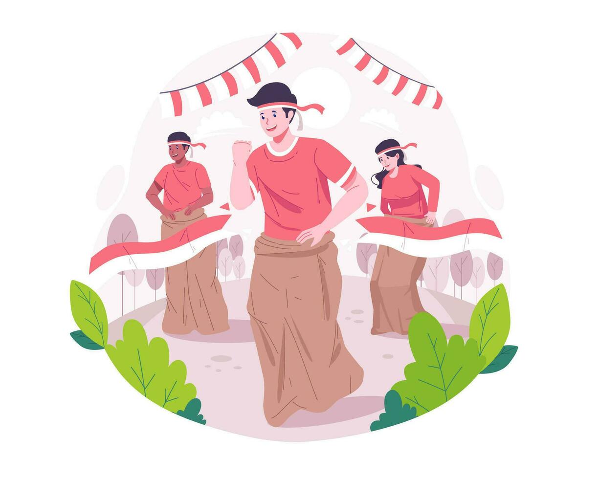 People celebrate Indonesia Independence Day by participating in Sack Race Competition or Lomba Balap Karung on the 17th of August. Indonesian Independence Day concept illustration vector