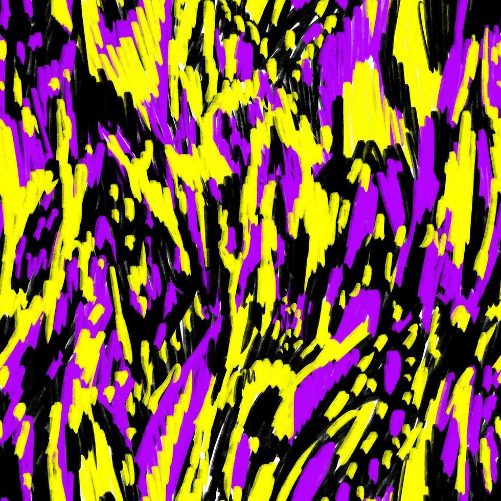 Hand drawn seamless pattern. Colorful animal stains in black, purple and yellow colors. 90s style abstract texture painted with chalk vector
