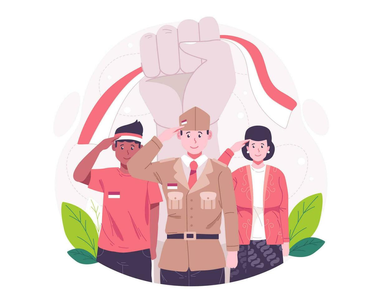 Indonesia Independence Day Concept illustration. Young people with respectful gestures celebrating Indonesia Independence Day on August 17th vector