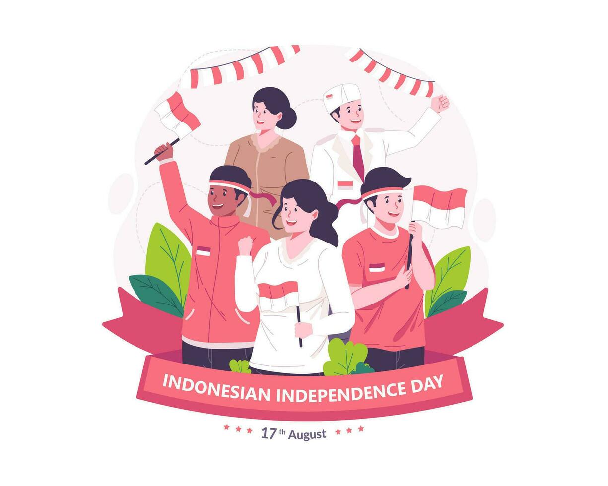 Youth celebrate Indonesia's Independence Day by holding the red and white Indonesian flag. Indonesia Independence Day on August 17th Concept illustration vector