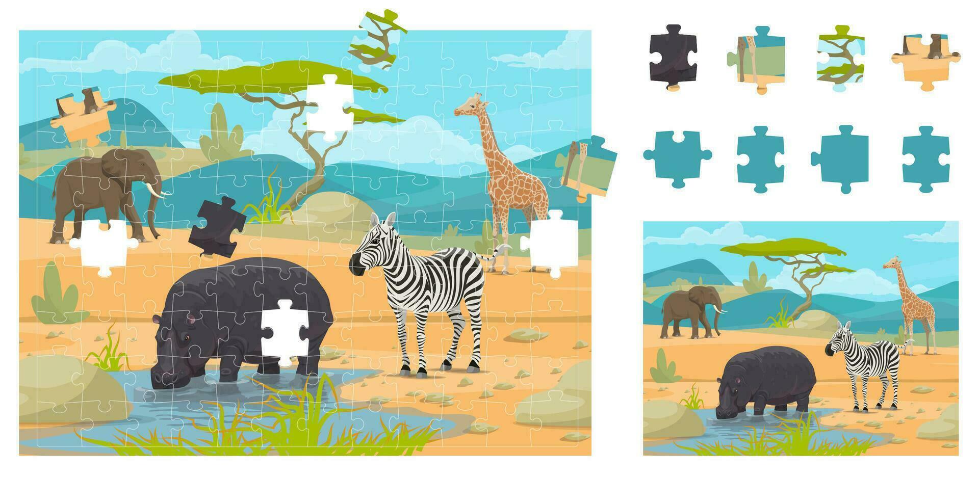 Jigsaw puzzle game with african savannah animals vector