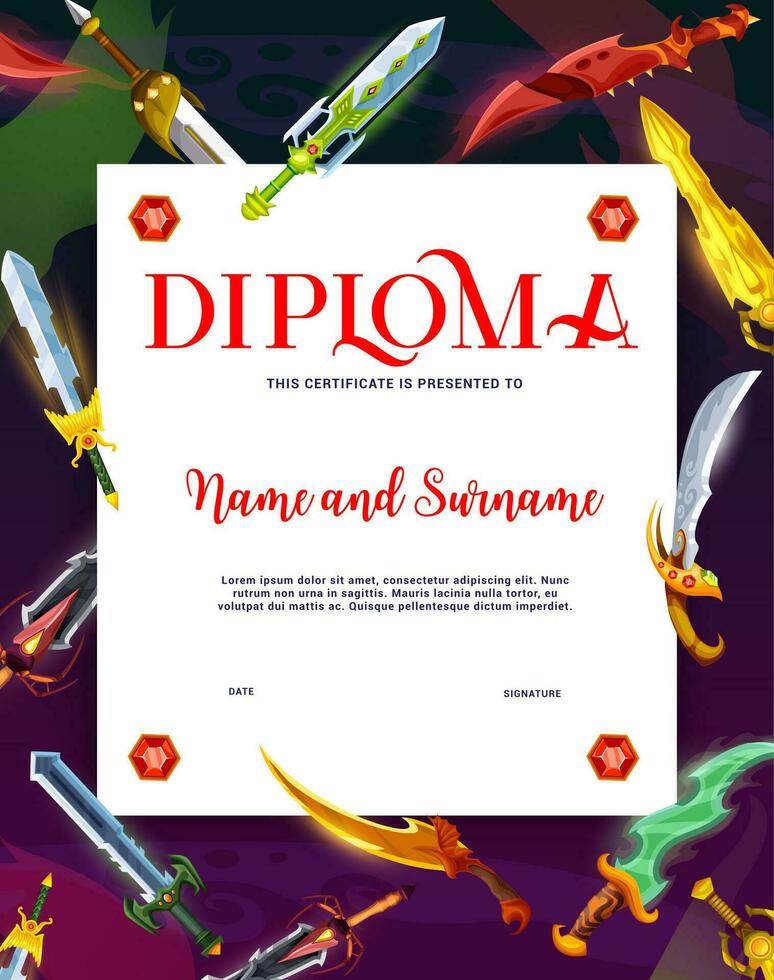 Kids knight diploma, magic sword blade certificate vector