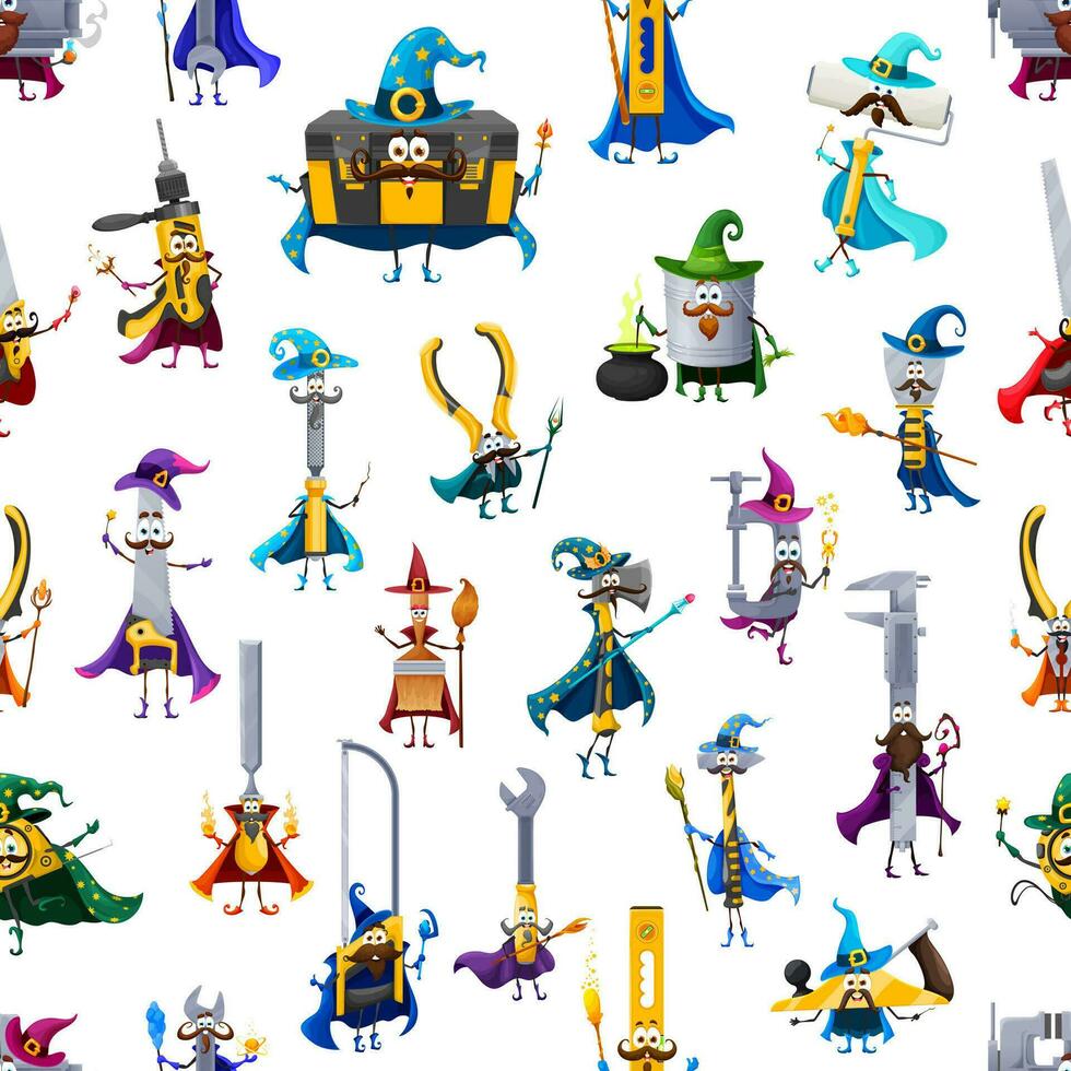 Cartoon tools wizard characters seamless pattern vector