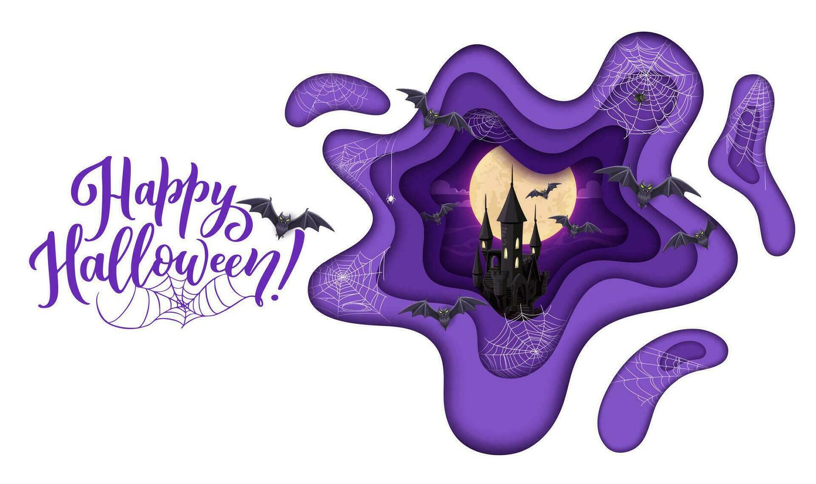 Halloween paper cut, midnight castle, flying bats vector