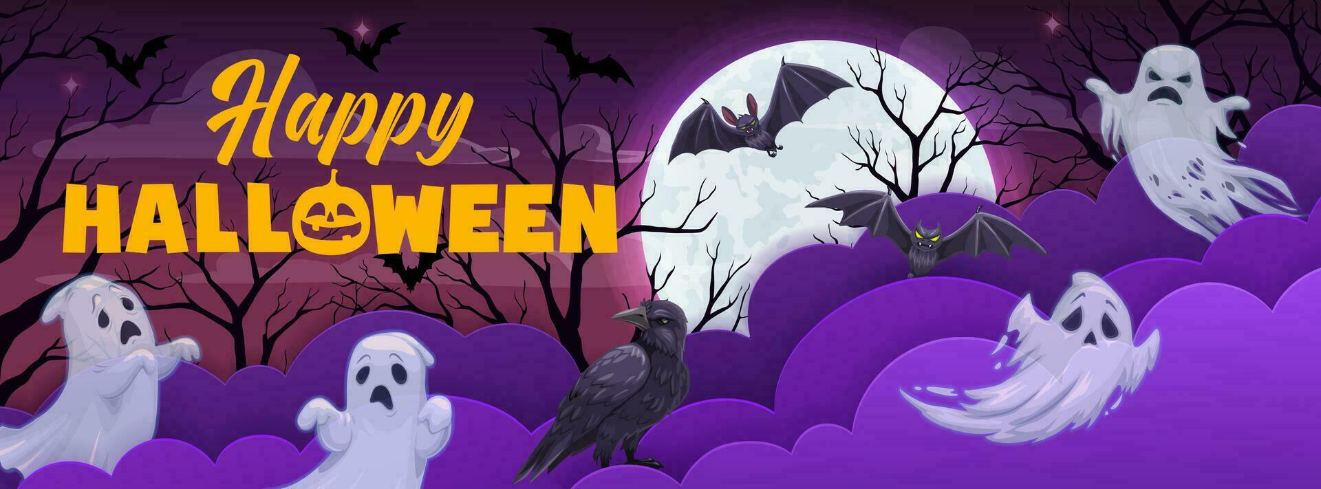 Halloween paper cut with clouds, ghosts and bats vector