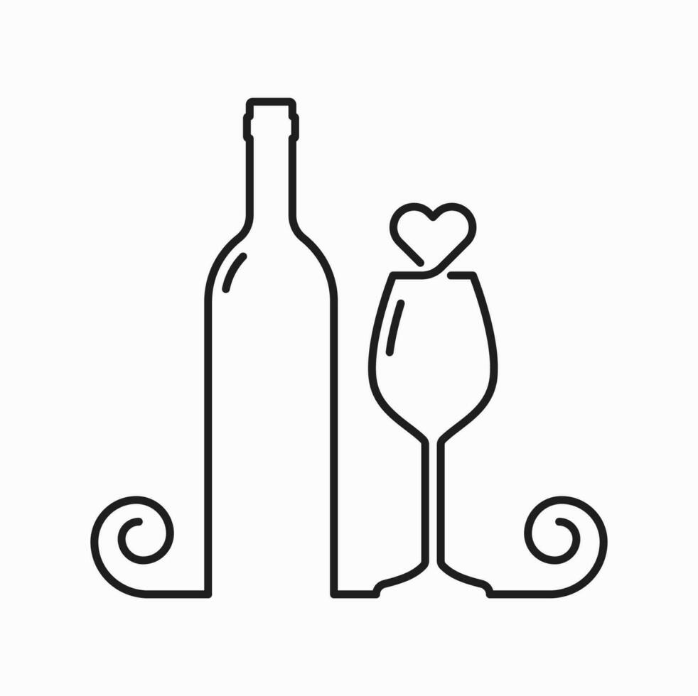 vino botella y vaso con corazón amor contorno icono vector