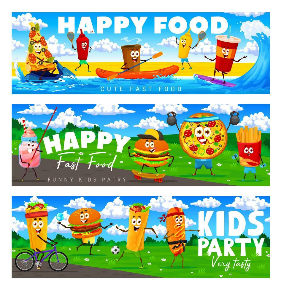 Cartoon fastfood characters on sport vacation vector