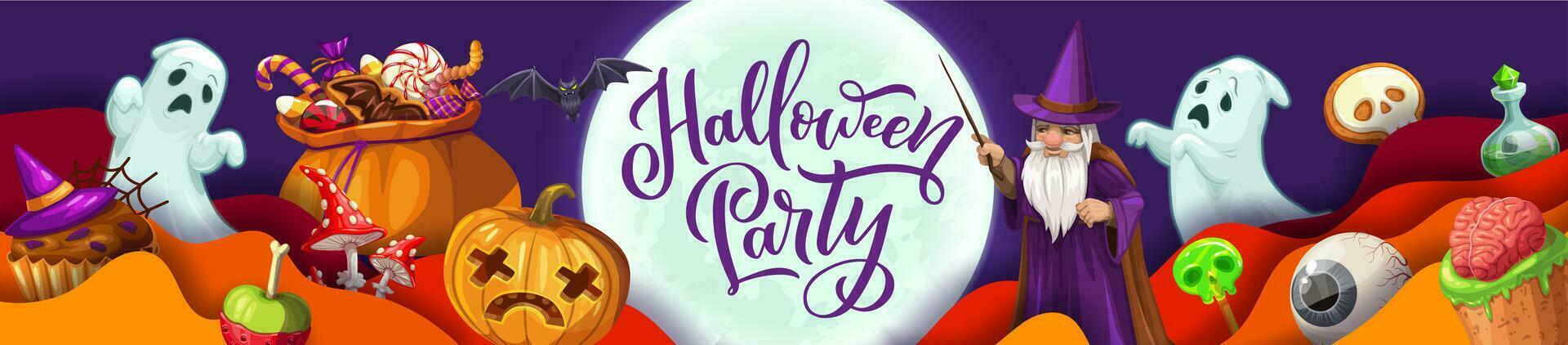 Halloween paper cut banner, horror wizard, pumpkin vector