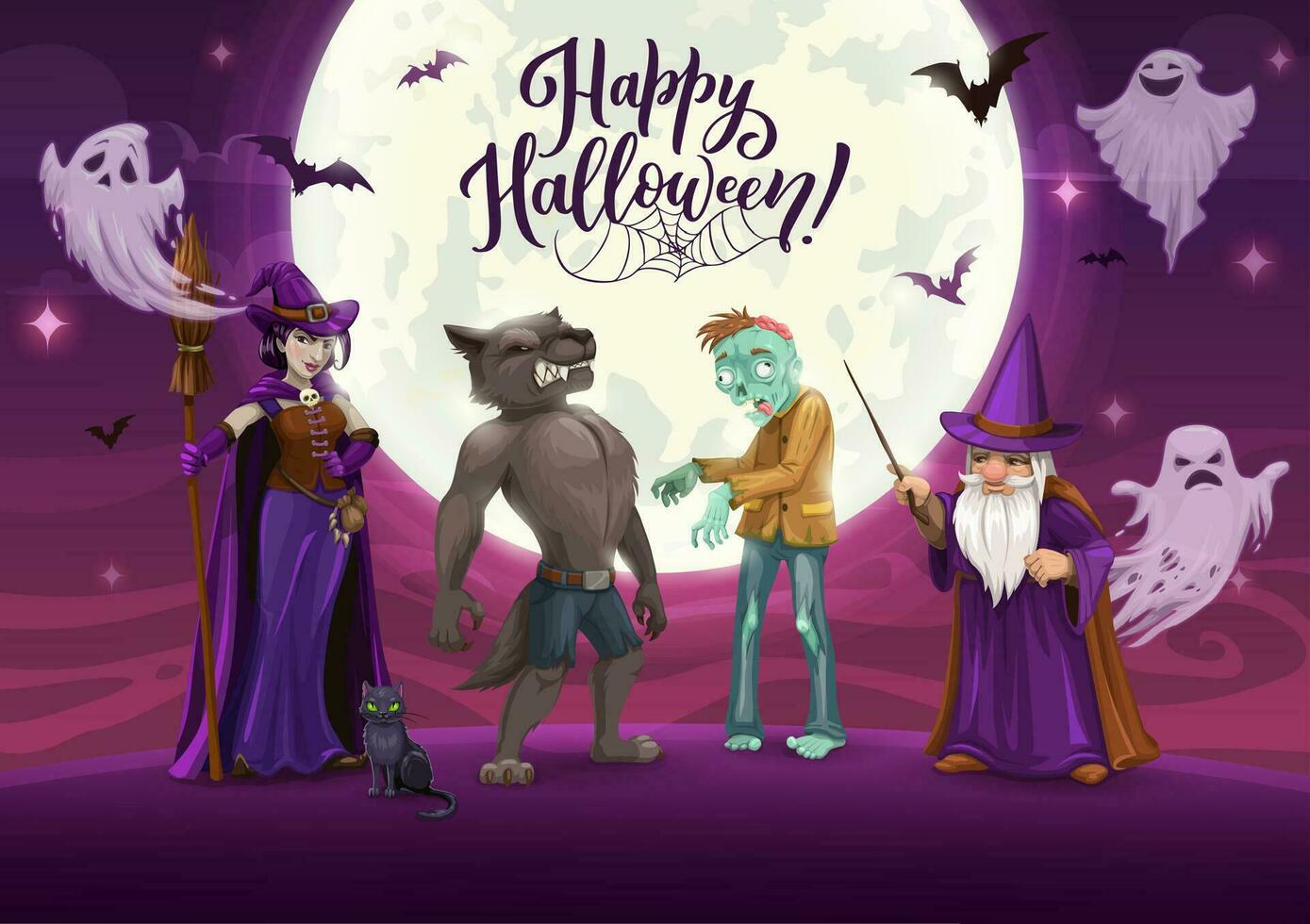 Halloween characters on midnight party night vector