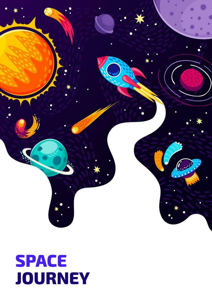 Space flyer. Cartoon spaceship, UFO, stars, planet vector