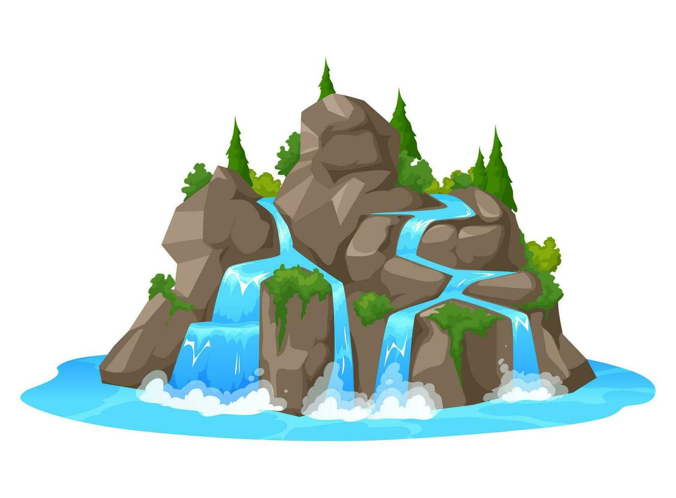 Cartoon waterfall and water cascade fall from rock vector