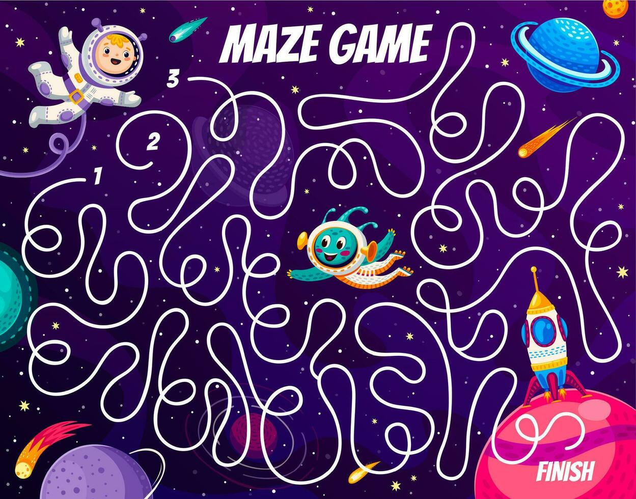 Labyrinth maze, help kid astronaut find spaceship 26365635 Vector Art