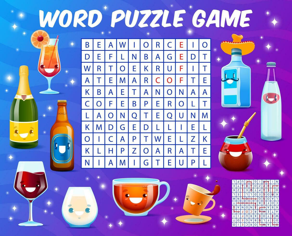 Word search puzzle game cartoon drink and cocktail vector