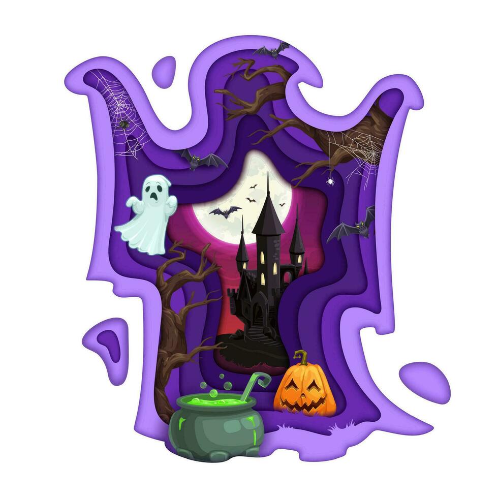 Halloween paper cut double exposition ghost vector