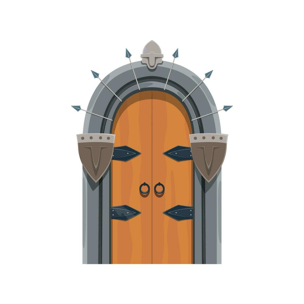 Medieval castle gate, fortress dungeon wooden door vector