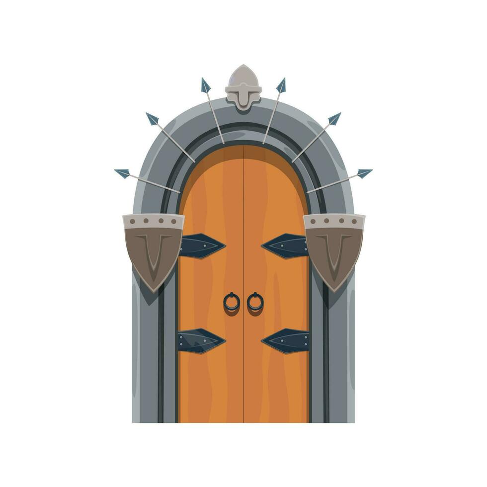 Medieval castle gate, fortress dungeon wooden door vector