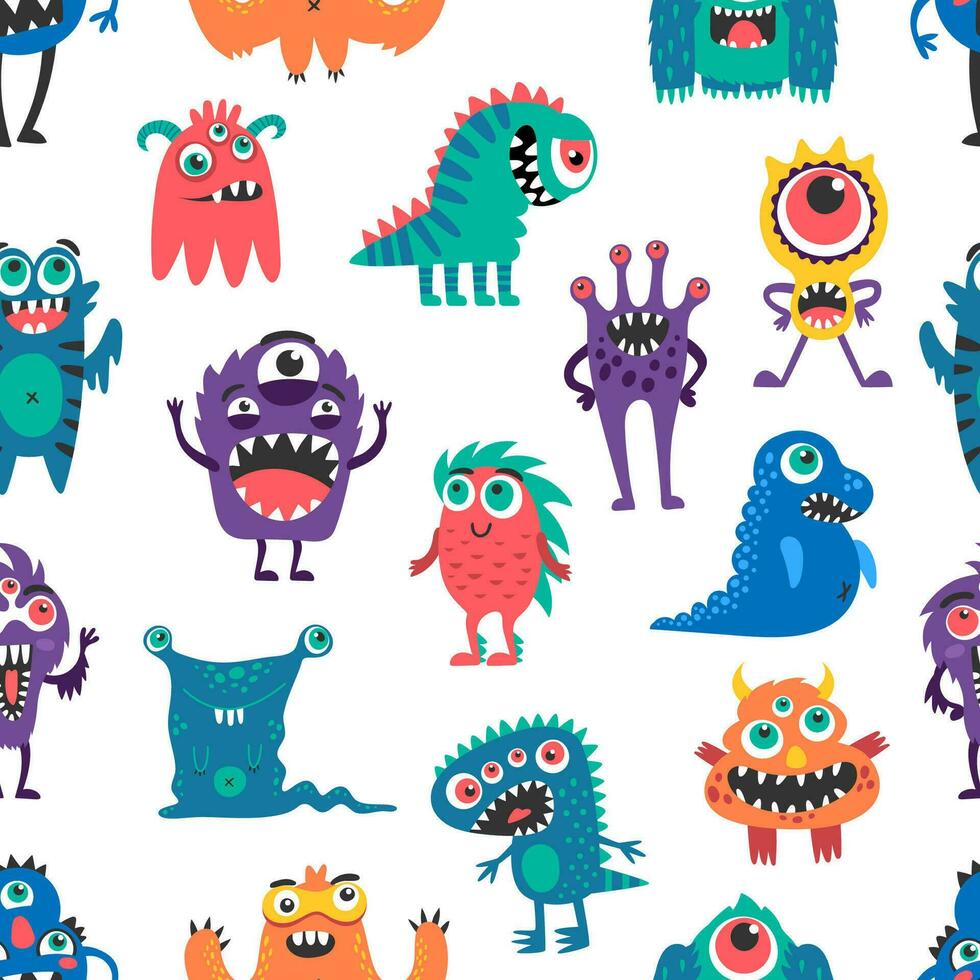 Cartoon monsters, seamless pattern background vector