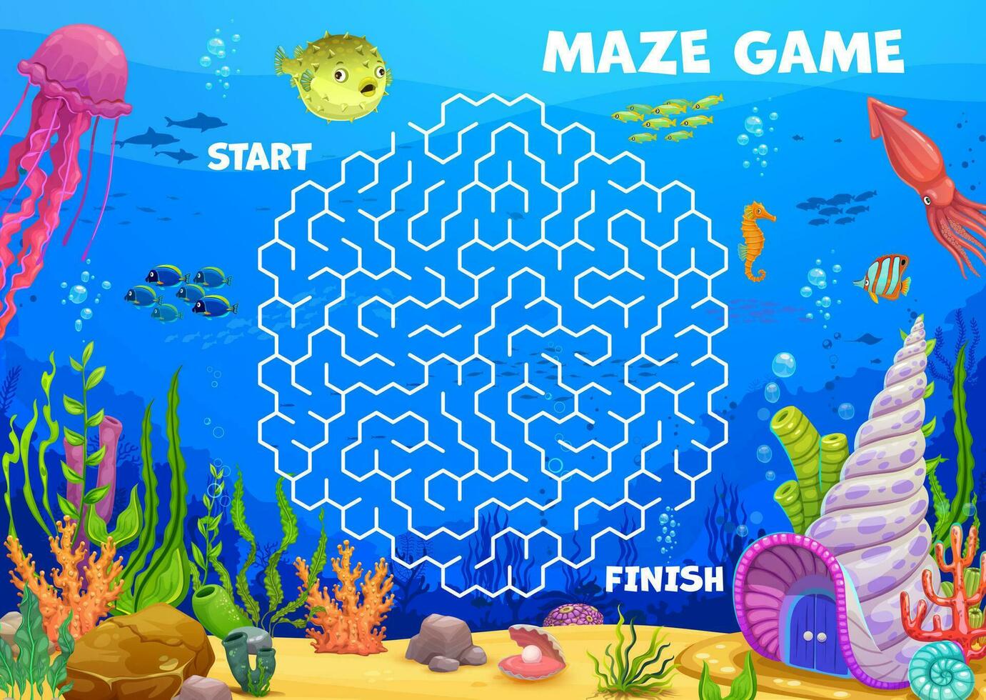 Labyrinth maze help to fish find a shell house vector