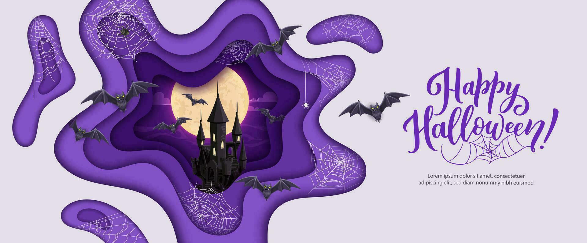 Halloween paper cut castle, cobweb and bats vector