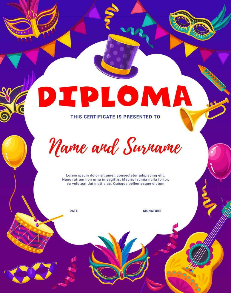 Samba dancer diploma with Brazilian carnival masks vector