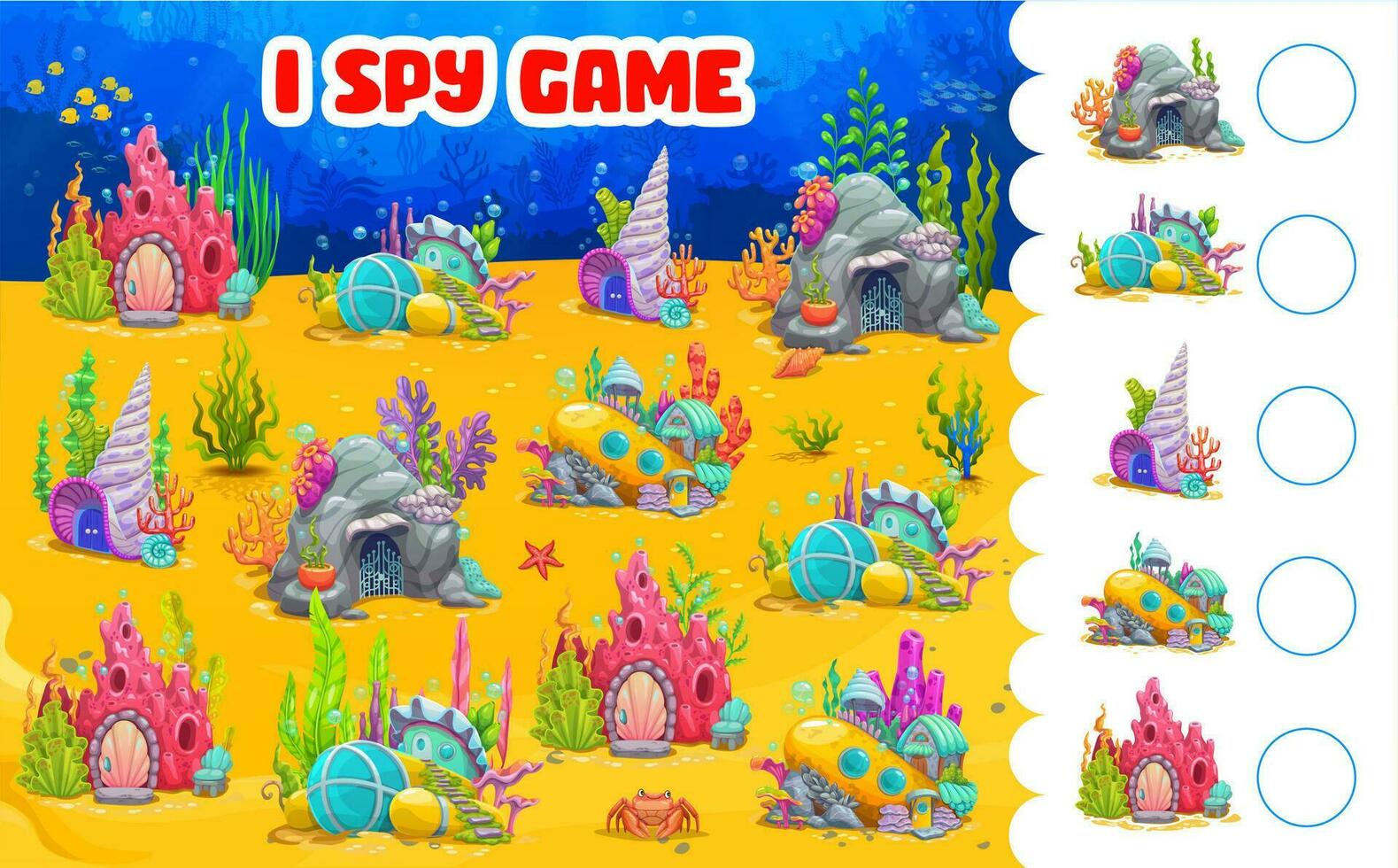 I spy game worksheet, cartoon underwater houses vector