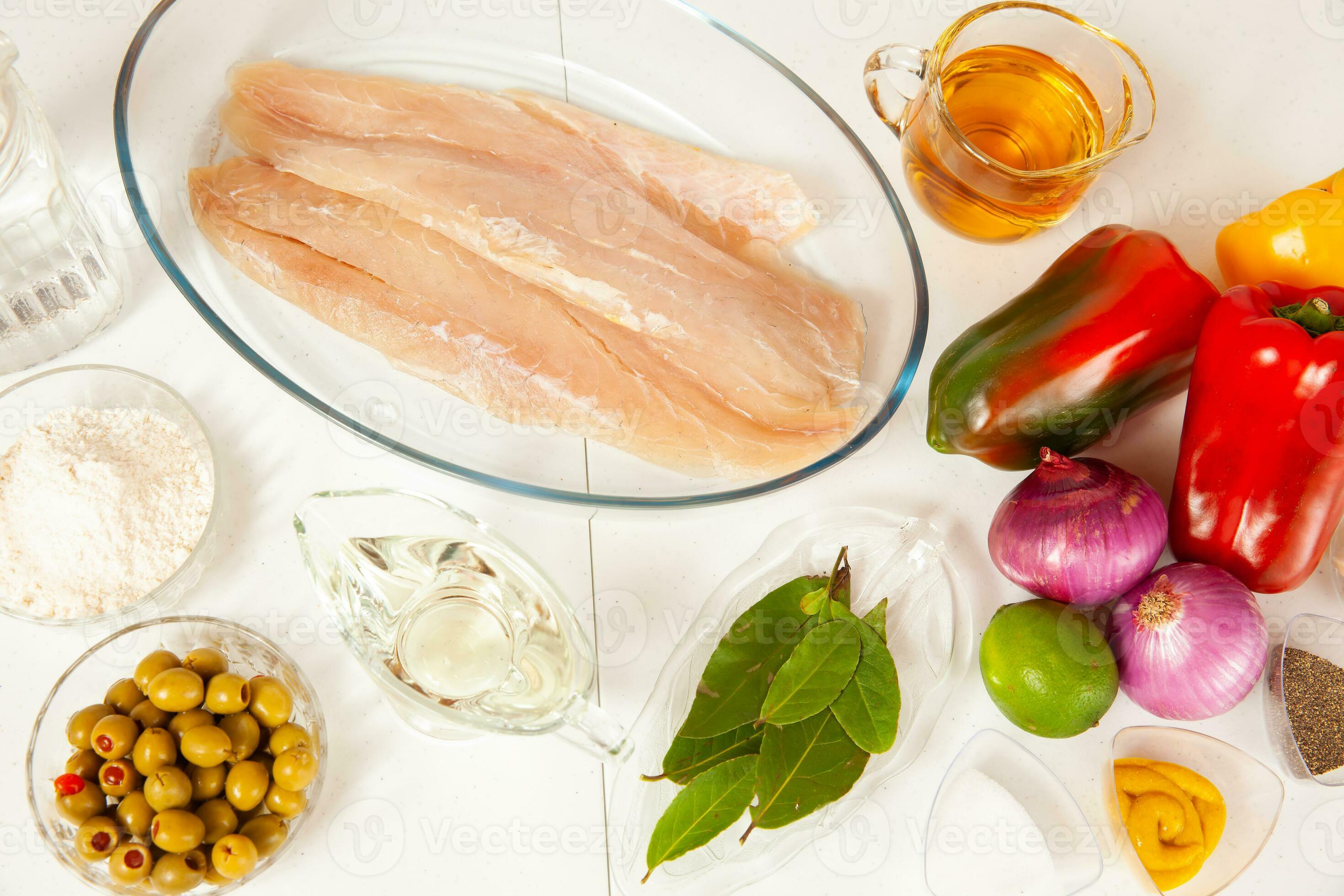 Fish marinade preparation steps, Ingredients to prepare sea bass marinade 26365780 Stock Photo