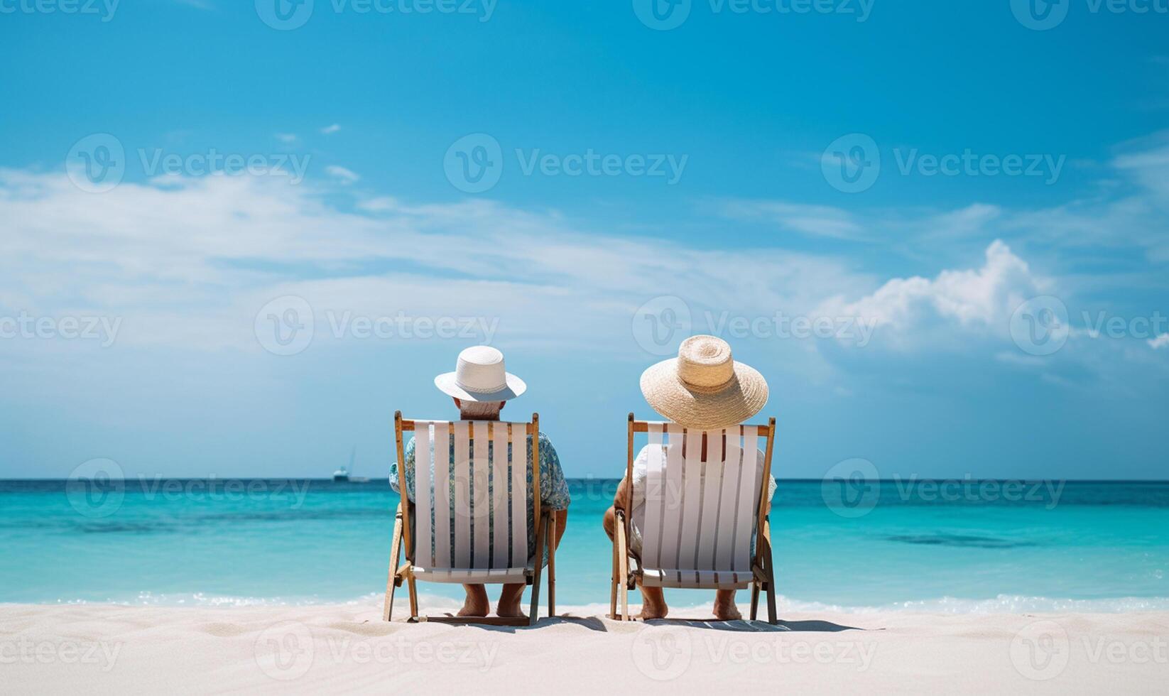 Retired traveling couple resting together on sun loungers during beach vacations on a tropical island. photo
