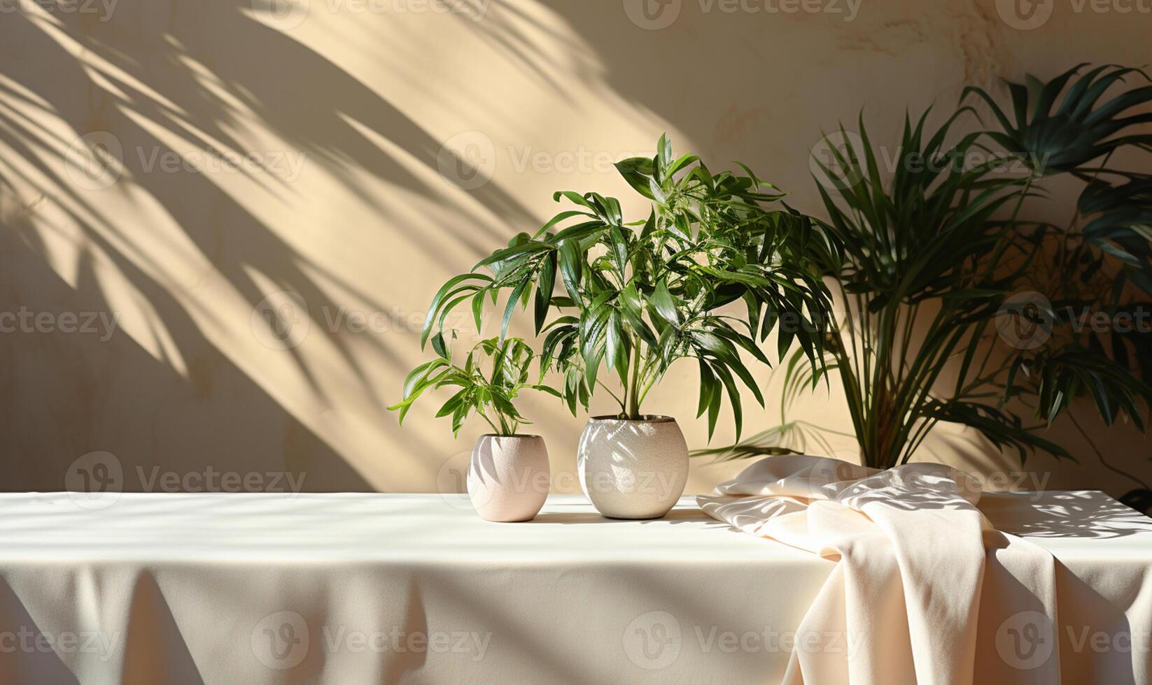 Soft beige cotton tablecloth on counter table photo