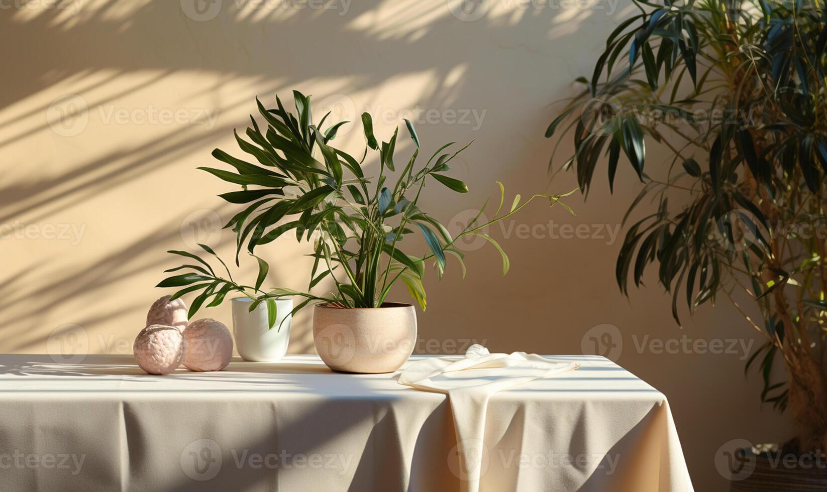 Soft beige cotton tablecloth on counter table photo