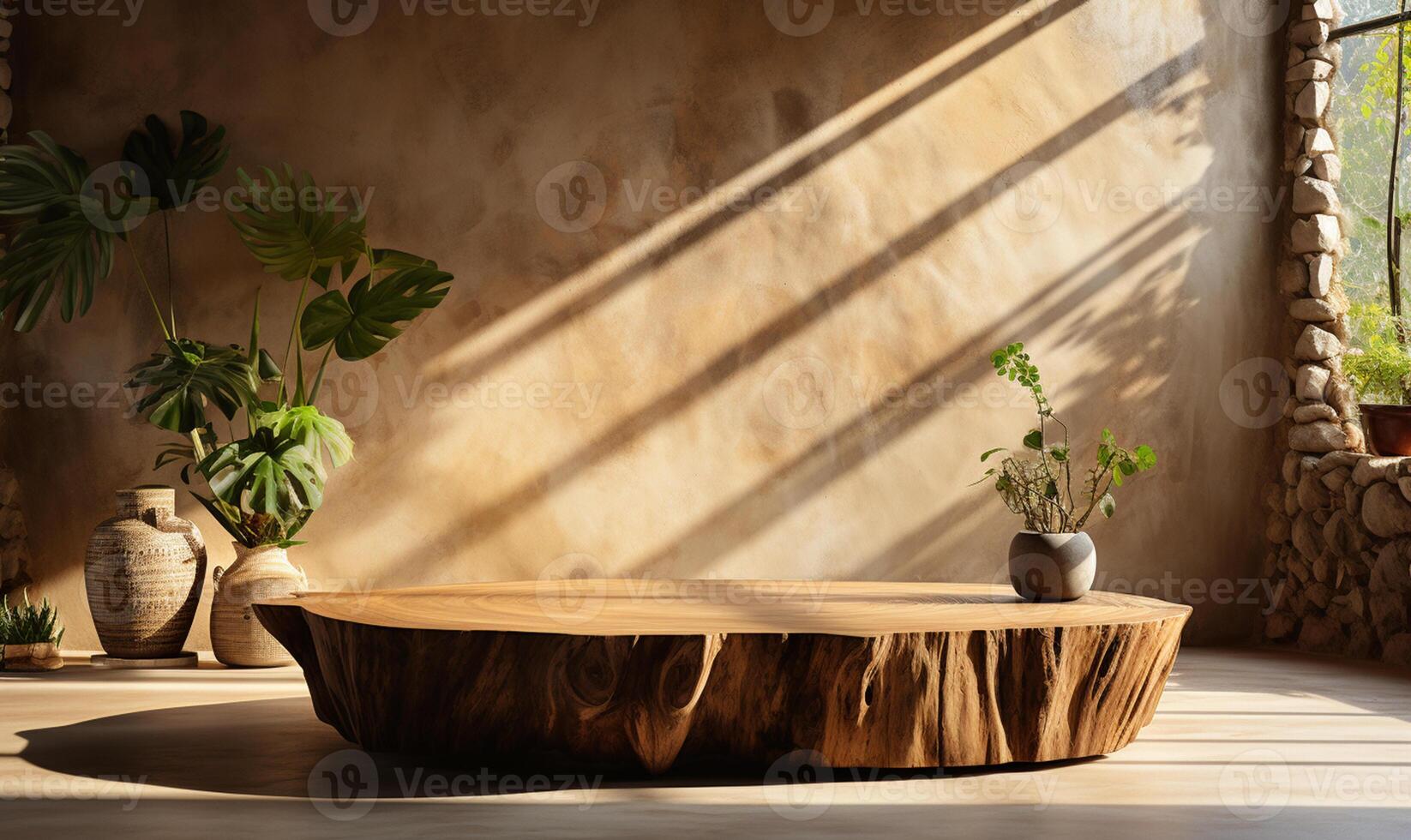 Natural log wood podium table in sunlight AI Generated photo