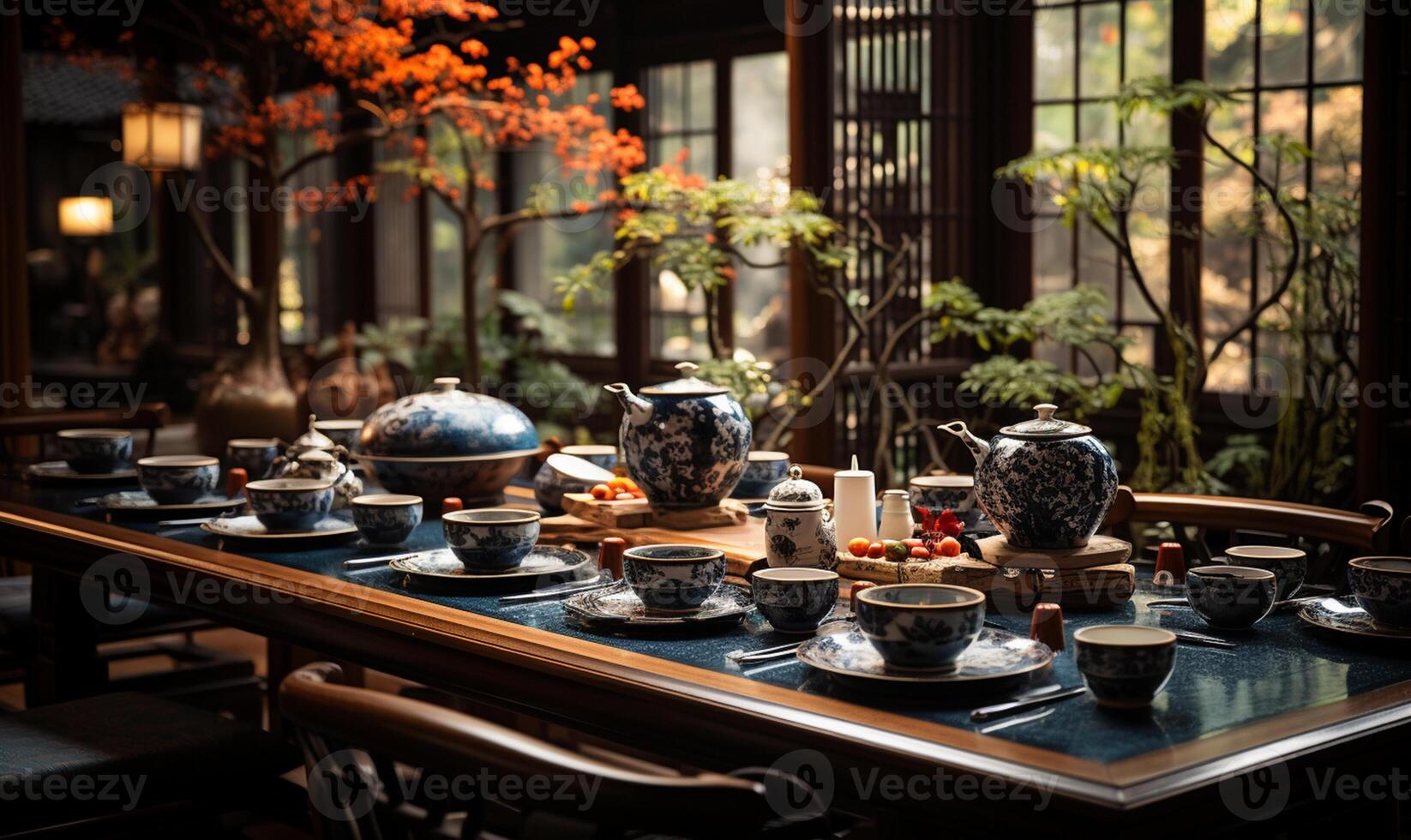 japonés restaurante. mesas en un clásico estilo tradicional japonés estilo restaurante. ai generado foto