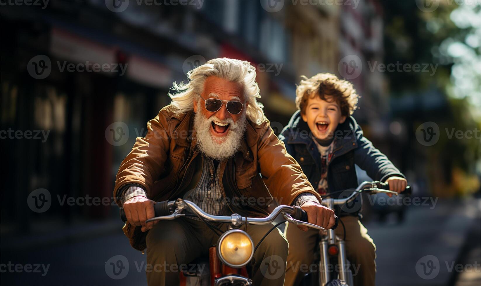 Funny senior man riding a bike with his grandson. photo