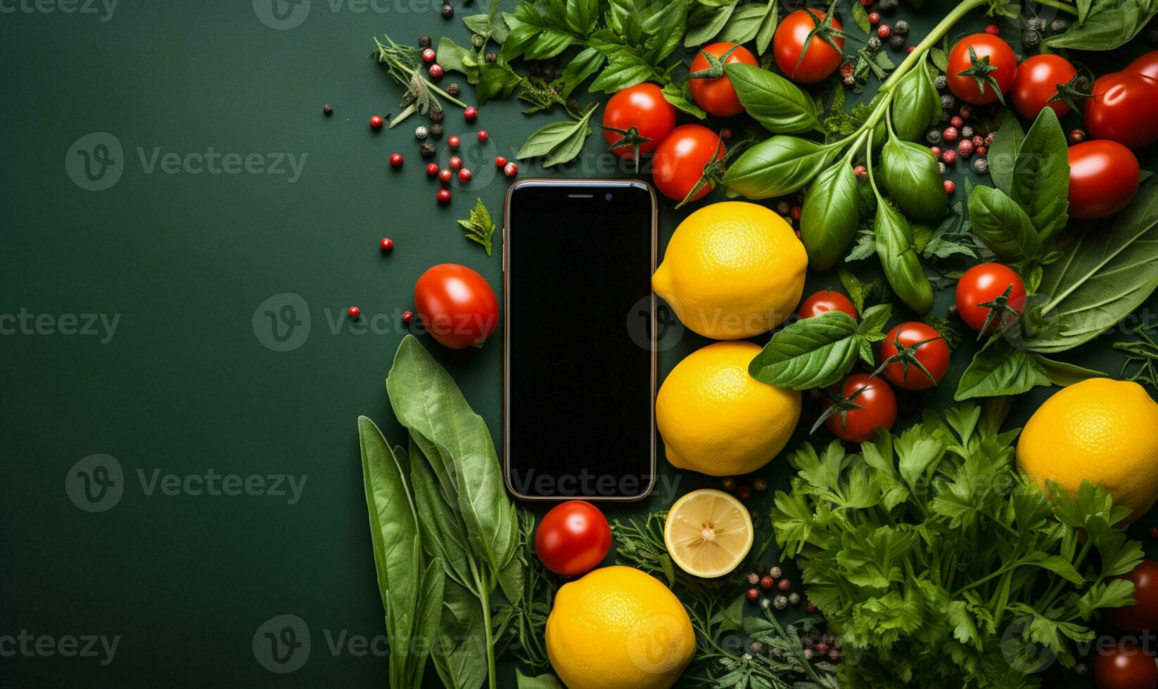 Food delivery. Phone with empty screen and organic vegetables around. AI Generated photo