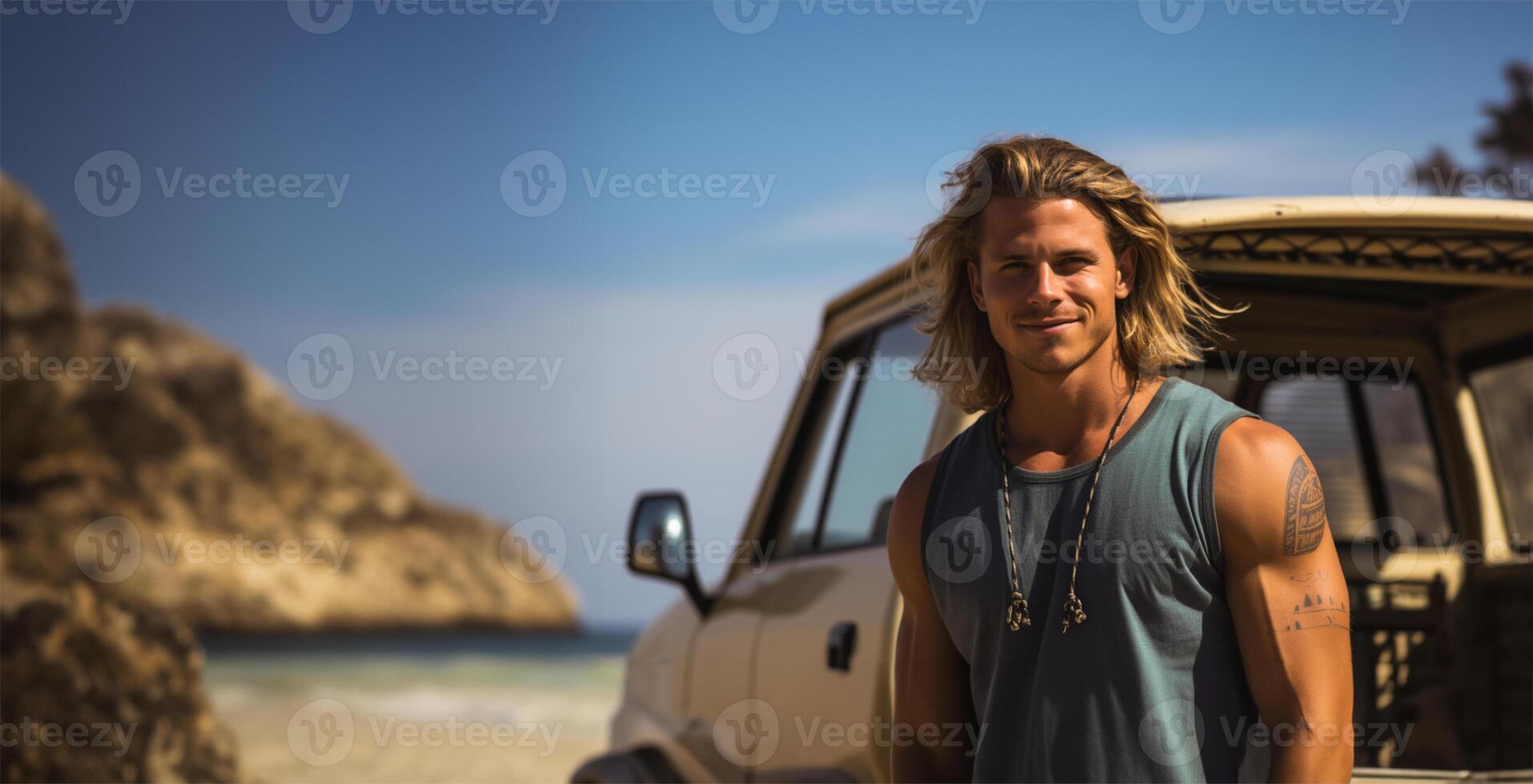 Surfer posing in front of his van with a surfboard in his hands near the beach. AI Generated photo