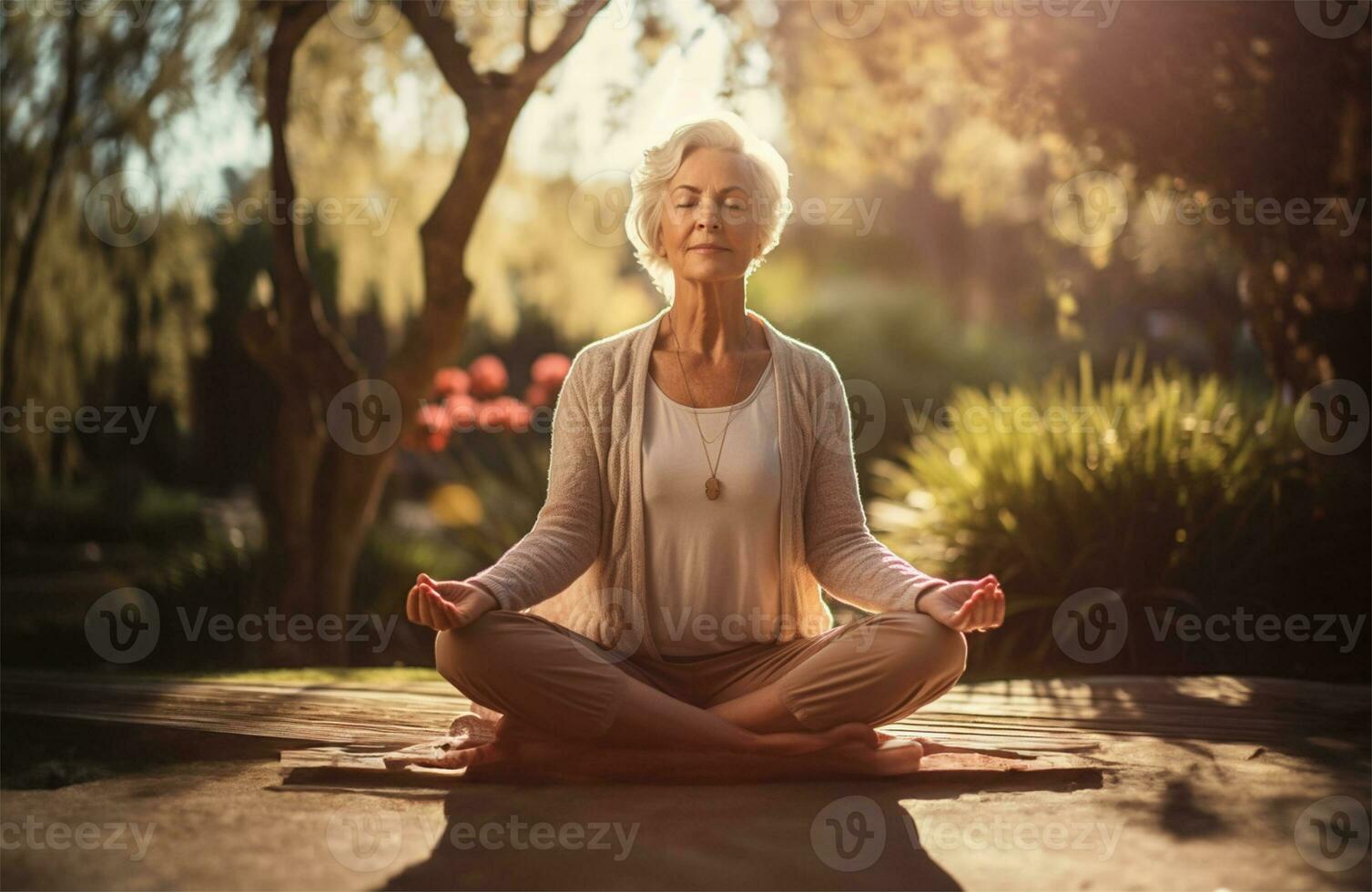 calma antiguo mujer con cerrado ojos durante yoga meditación. ai generado foto